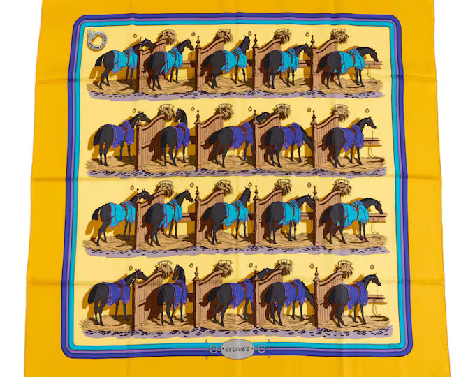 HERMÈS, SILK CARRE, ECURIES, DESIGN BY HUGO GRYGKAR, 90cm SQUAR. ORIGINALLY ISSUED 1977.