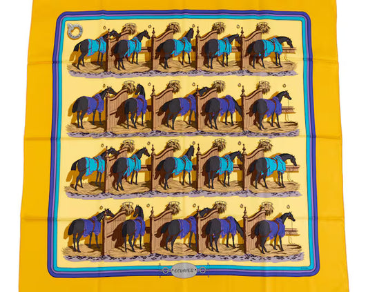 HERMÈS, SILK CARRE, ECURIES, DESIGN BY HUGO GRYGKAR, 90cm SQUAR. ORIGINALLY ISSUED 1977.