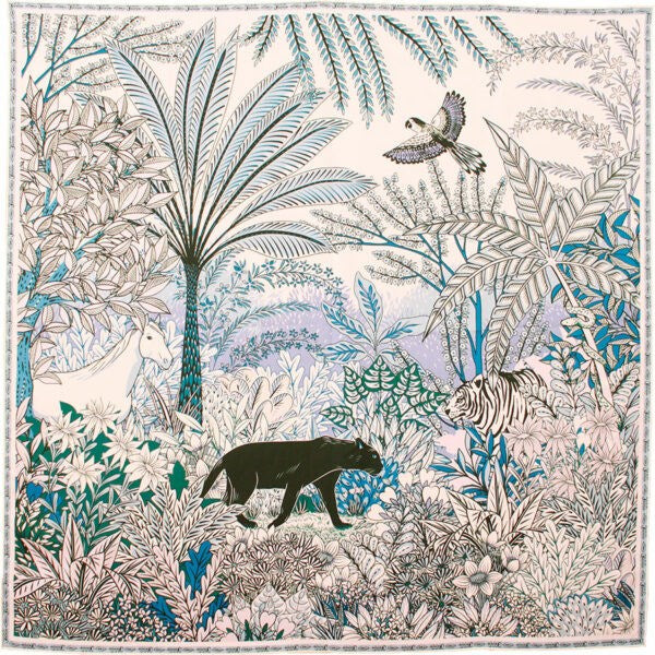 MAISON FANLI, ELAS PANTHER BLUE JEAN, SILK & WOOL, 110cm SQUARE.