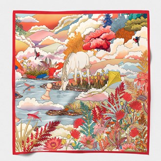 MAISON FANLI, COTTON & SILK SCARF SCARF 'ENCHANTED HORSE RED', 140cm SQUARE.