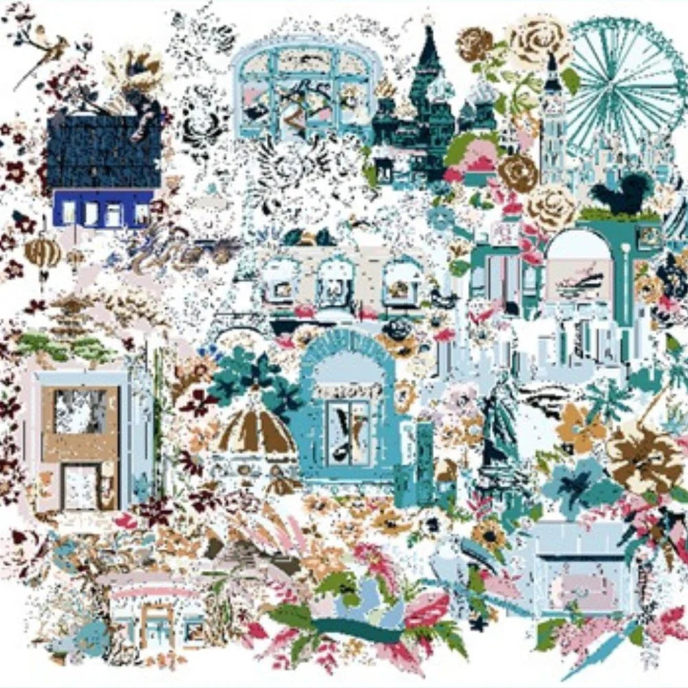 MAISON FANLI, ROMANTIC PARIS BLUE WOOL AND SILK SCARF, 110cm SQUARE.