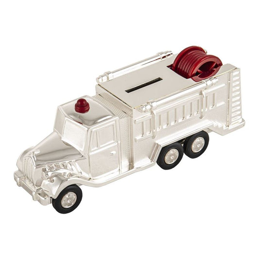 SILVER PLATED FIRE ENGINE MONEY BOX, DIMENSIONS 18 x 7 x 6cm.