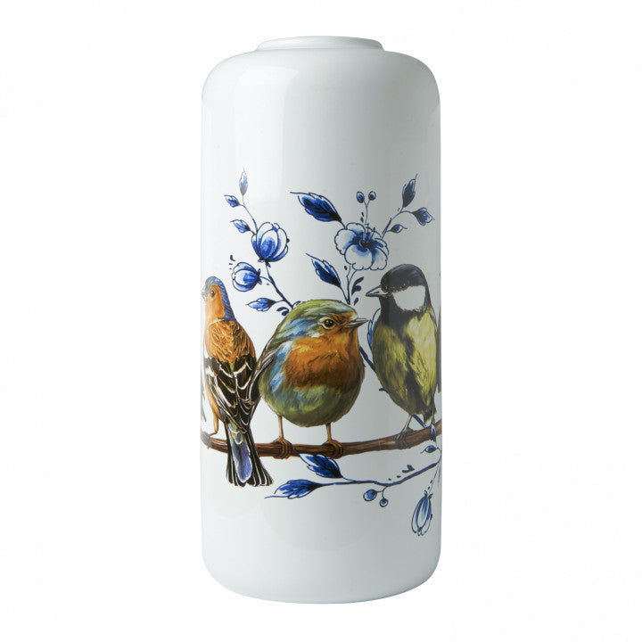 HEINEN DELFTS BLAUW CYLINDER VASE, FOREST BIRDS, HEIGHT 30cm.