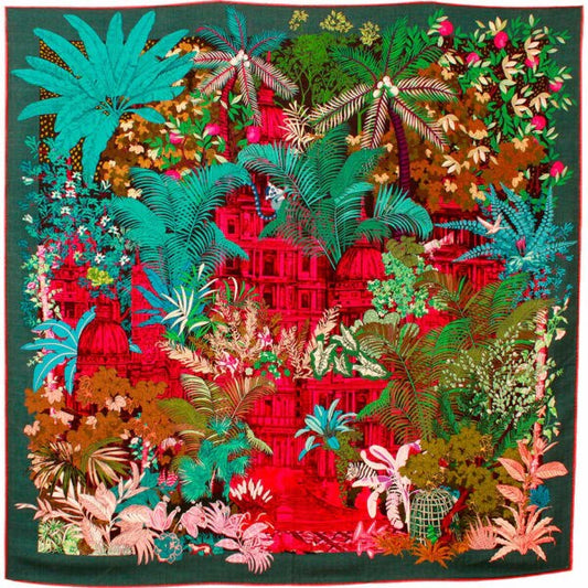 MASION FANLI, FORGOTTEN TEMPLE GREEN, SILK SCARF, 90cm SQUARE.