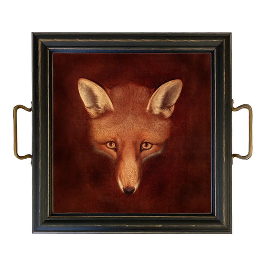 FOX HEAD TRAY WITH WOODEN FRAME AND BRASS HANDLES, 36cm SQUARE