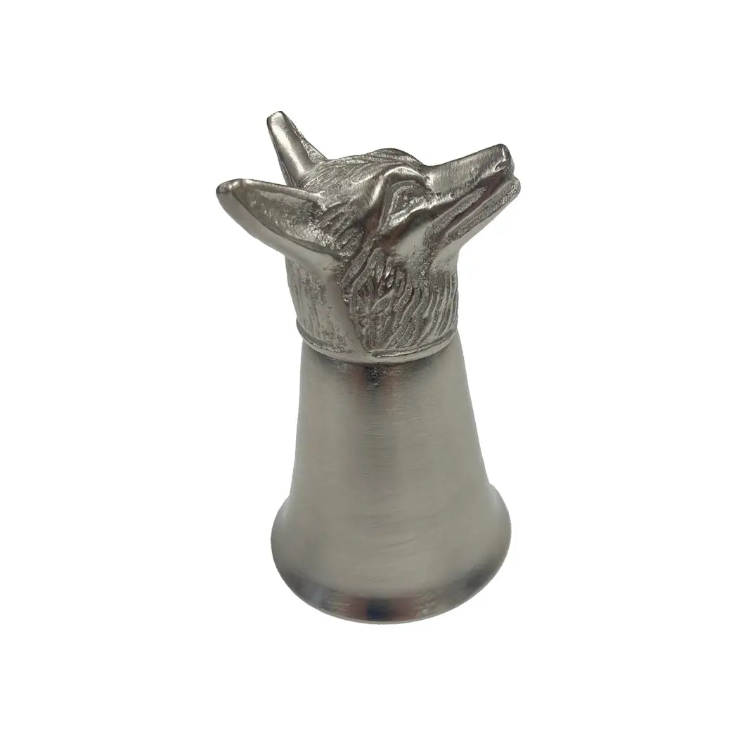 A FOX HEAD STIRRUP CUP / JIGGER SHOT VESSEL, PEWTER PLATED, HEIGHT 8cm