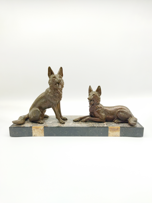 FRENCH ART DECO STATUE OF TWO GERMAN SHEPHERDS, H. MOLI, BRONZE EFFECT METAL, CIRCA 1930, 58 x 15 x 30cm.