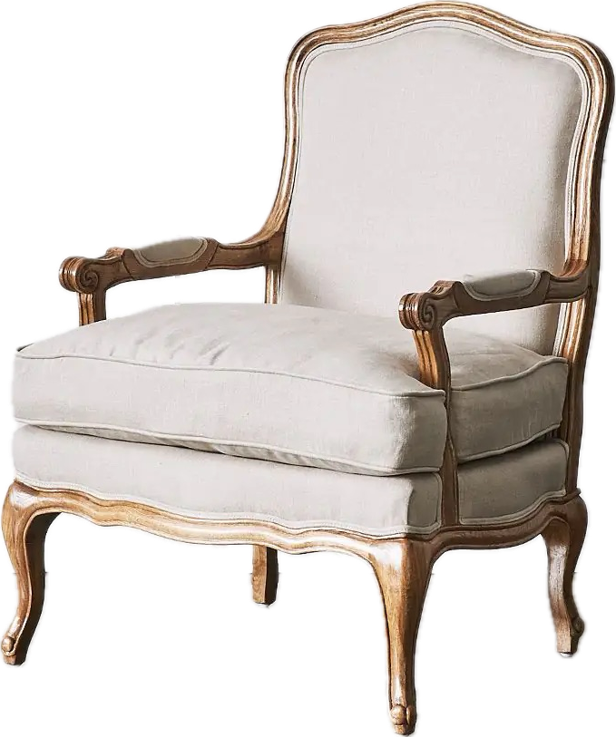 A FRENCH LOUIS XV STYLE OAK ARMCHAIR WITH MATCHING OTTOMAN, UPHOLSTERED IN NATURAL LINEN, CHAIR 70 x 45cm, OTTOMAN 50 x 25cm.