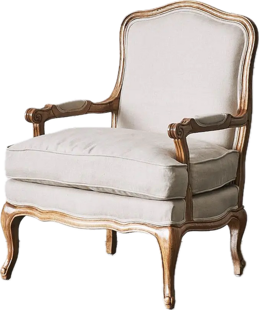 A FRENCH LOUIS XV STYLE OAK ARMCHAIR WITH MATCHING OTTOMAN, UPHOLSTERED IN NATURAL LINEN, CHAIR 70 x 45cm, OTTOMAN 50 x 25cm.