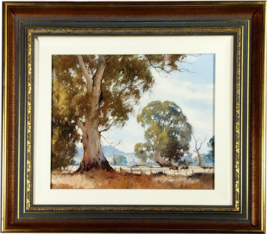 GERARD MUTSAERS (BORN 1947) FARM LANDSCAPE YARRA VALLEY, SIGNED LOWER LEFT, OIL ON BOARD, IMAGE 35 x 30cm, ORIGINAL FRAME 48 x 53cm.