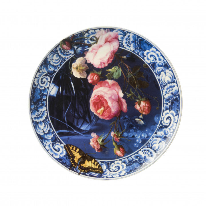 HEINEN DELFTS BLAUW WALL PLATE, FLOWERS OF THE GOLDEN AGE, LARGE 26cm.