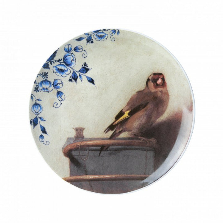 HEINEN DELFTS BLAUW WALL PLATE, GOLD FINCH 'HET PUTTERTJE', 20cm.