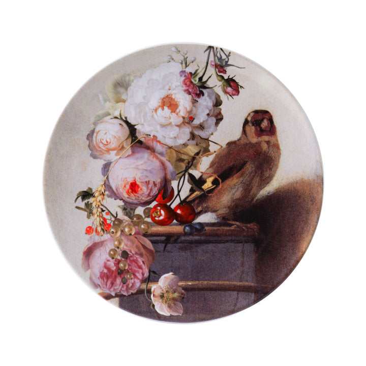 HEINEN DELFTS BLAUW WALL PLATE, GOLD FINCH PASTEL, 31.5cm.