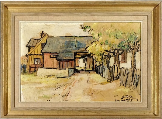 GOTTFRID OLSSON (1890-1979) FARMHOUSE SKEPPARKOKEN, SWEEDEN, OIL ON BOARD, 1950, SIGNED LOWER RIGHT, IMAGE 43 x 29cm, ORIGINAL WOODEN FRAME 55 x 42cm.