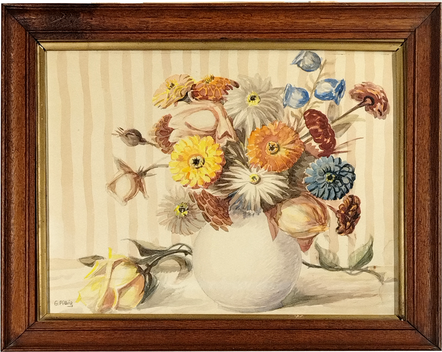 GUSTAV MICHAEL PILLIG (1877-1956) STILL LIFE WITH FLOWERS, WATERCOLOUR, IMAGE 45 x 35cm, ORIGINAL WOODEN FRAME 55 x 45cm