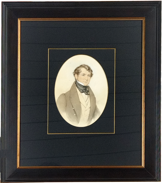 PORTRAIT OF A GEORGIAN GENTLEMAN, WATERCOLOUR AND INK, CIRCA 1820, 18 x 13cm, RECENT CUSTOM MADE FRAME 38 x 45cm.