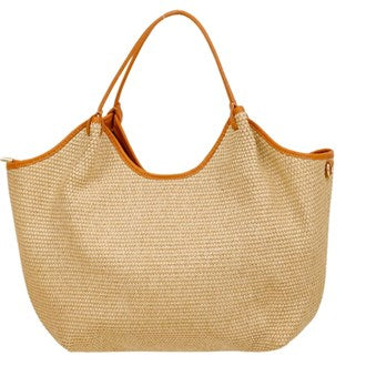 MAISON FANLI, HECTOR RAFFIA BAG WITH CAMEL LEATHER TRIM, 48 x 46 x 13cm.