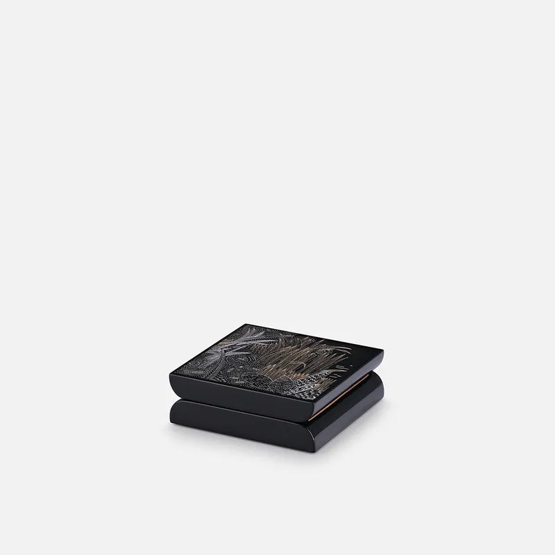 HANOIA, BOTANICA SMALL LACQUER SQUARE BOX, WITH  GOLD AND SILVER DUST ENGRAVING, 12 x 12 x 3.6cm.