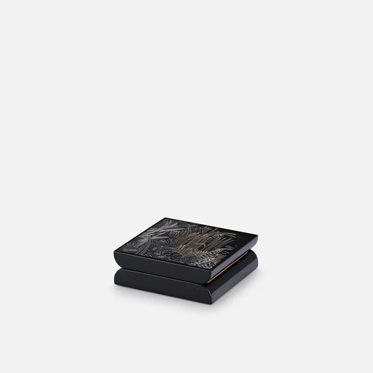 HANOIA, BOTANICA SMALL LACQUER SQUARE BOX, WITH  GOLD AND SILVER DUST ENGRAVING, 12 x 12 x 3.6cm.