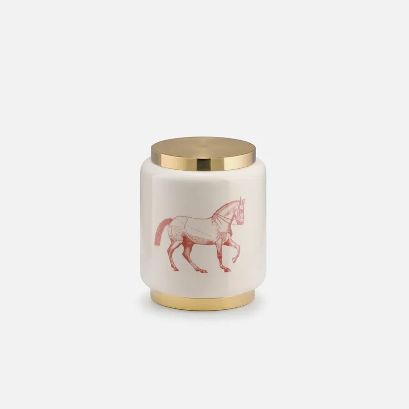 HANOIA, GALLOP LACQUER AND BRASS TEA CADDY, WITH HAND PAINTED HORSE MOTIF, 10 x 10 x 13cm.