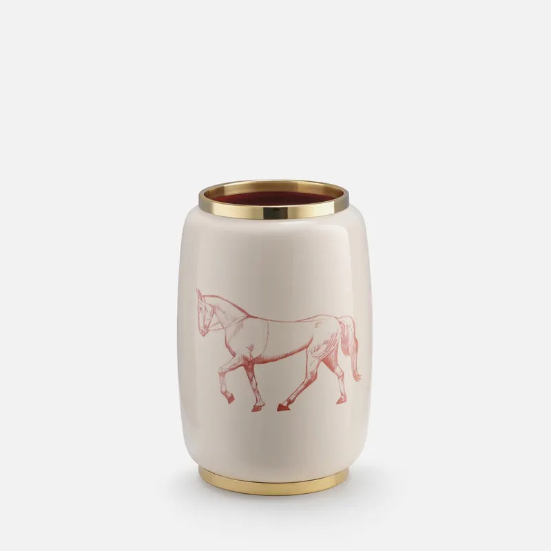 HANOIA, GALLOP LACQUER AND BRASS VASE, WITH HAND PAINTED HORSE MOTIF, 16 x 16 x 24.8cm.