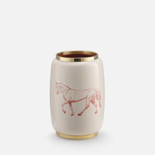 HANOIA, GALLOP LACQUER AND BRASS VASE, WITH HAND PAINTED HORSE MOTIF, 16 x 16 x 24.8cm.