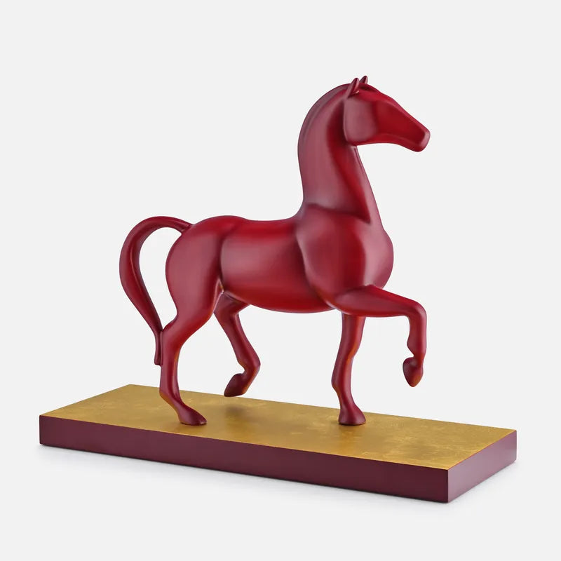 HANOIA, GALLOP HORSE LACQUER SCULPTURE, RED WITH GOLD LEAF, 38 x 135 x 32cm.