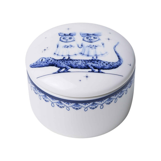 HEINEN DELFTS BLAUW, REDMER HOEKSTRA ZODIAC CANDLE 'GEMINI', WITH REUSABLE CERAMIC LIDDED CONTAINER, DIAMETER 7.5cm.