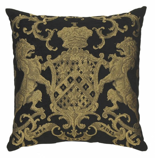 ADORABELLA, EUROPEAN JACQUARD CHENILLE CUSHION, HERALDIC BLACK & GOLD, 55cm SQUARE, MADE IN AUSTRALIA.