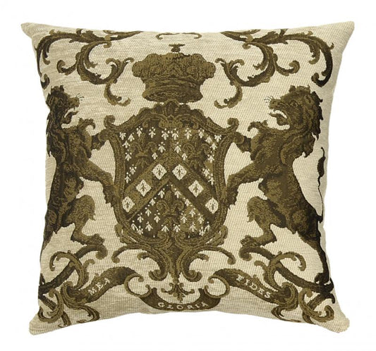 ADORABELLA, EUROPEAN JACQUARD CHENILLE CUSHION, HERALDIC CREAM & GOLD, 55cm SQUARE, MADE IN AUSTRALIA.