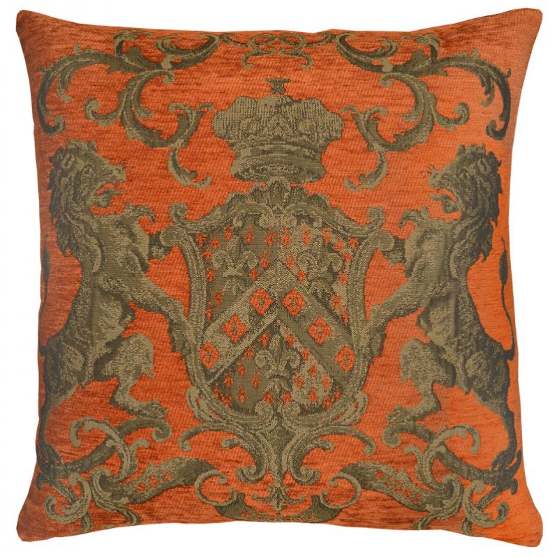 ADORABELLA, EUROPEAN JACQUARD CHENILLE CUSHION, HERALDIC ORANGE & GOLD, 55cm SQUARE, MADE IN AUSTRALIA.