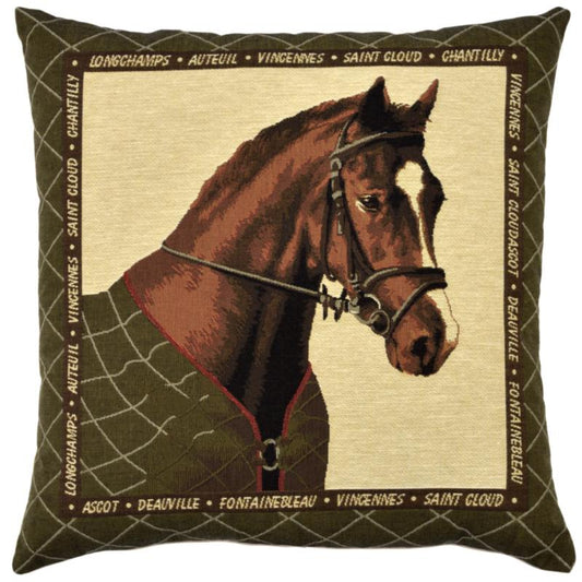 ADORABELLA, HORSE PORTRAIT IN GREEN, JACQUARD FABRIC CUSHION, 45cm SQUARE, MADE IN AUSTRALIA.