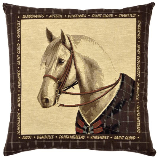 ADORABELLA, HORSE PORTRAIT IN GREY, JACQUARD FABRIC CUSHION, 45cm SQUARE, MADE IN AUSTRALIA.