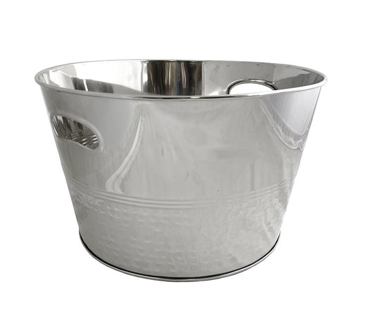 HAMMERED POLISHED STEEL WINE COOLER WITH HANDLE, DIAMETER 37cm, HEIGHT 21cm.