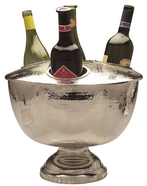 HAMMERED POLISHED STEEL FOOTED WINE COOLER WITH LID, DIAMETER 37cm, HEIGHT 28cm.