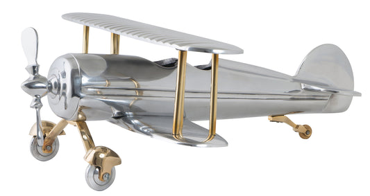 BIPLANE SCULPTURE IN SILVER METAL WITH GOLD DETAIL, 40 x 33cm.