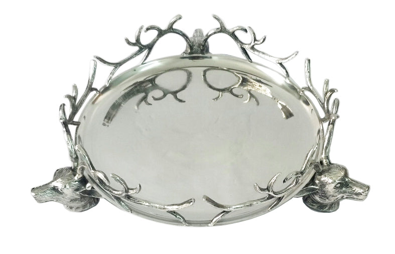 ATRANI, LARGE POLISHED STEEL HIGHLAND STAG PLATTER, 46x46x14cm.