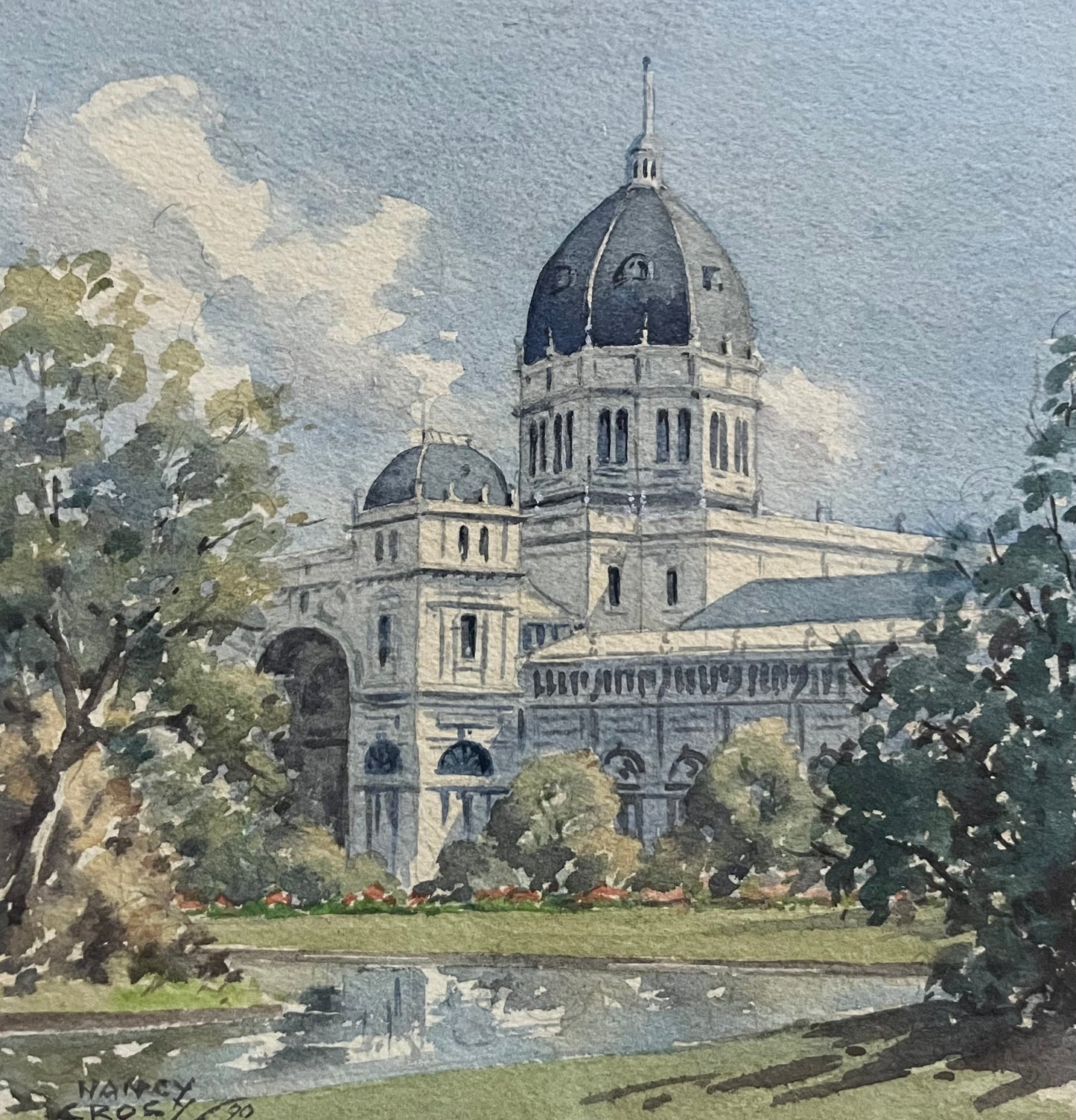 NANCY CROSBY, EXHIBITION BUILDINGS MELBOURNE, WATER COLOUR, IMAGE 15cm SQUARE, FRAME 20cm SQUARE.