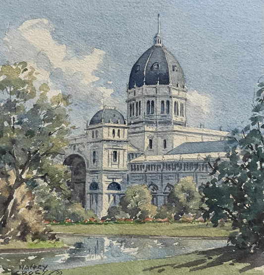 NANCY CROSBY, EXHIBITION BUILDINGS MELBOURNE, WATER COLOUR, IMAGE 15cm SQUARE, FRAME 20cm SQUARE.