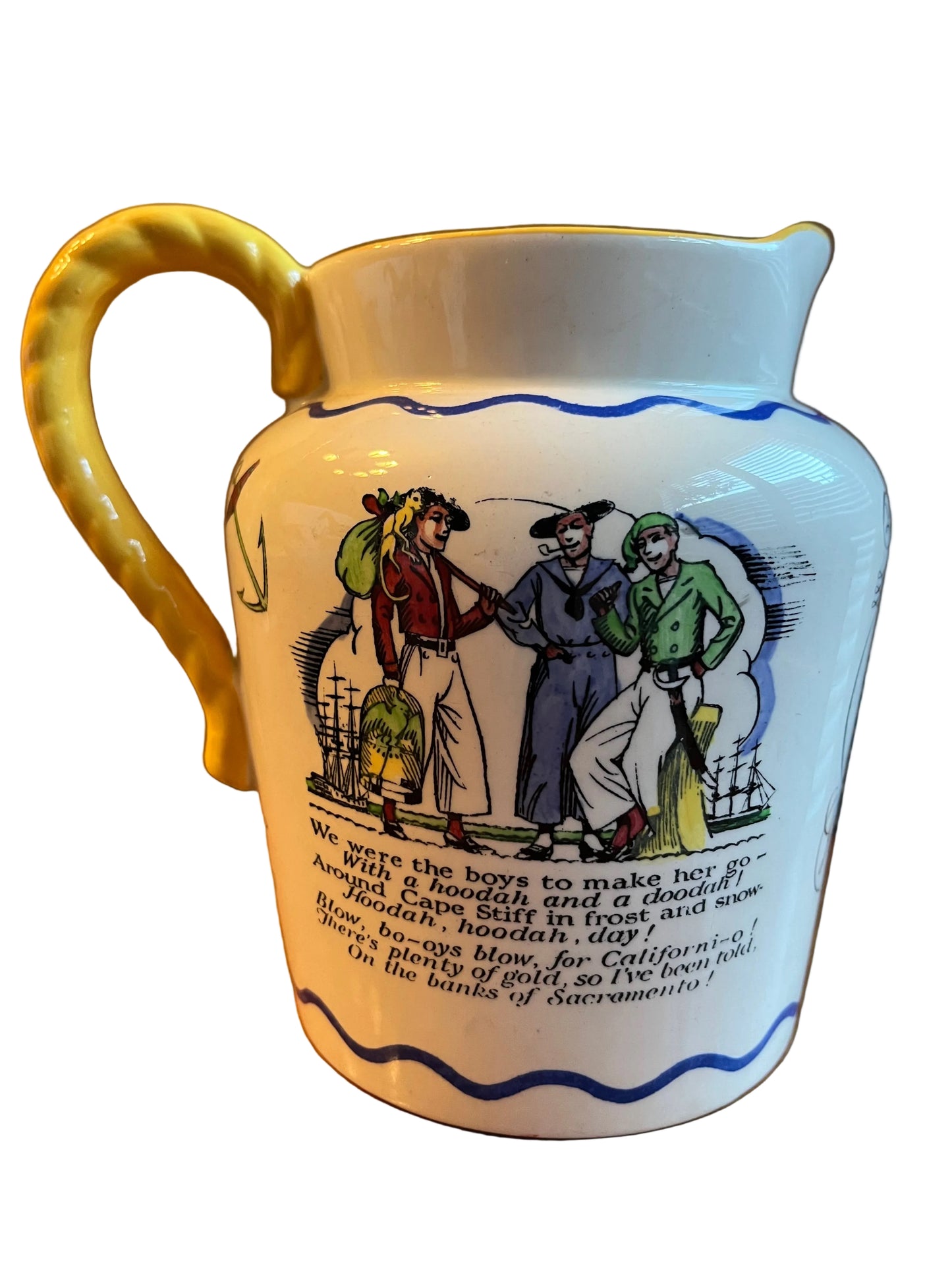ROYAL DOULTON, ‘SEA SHANTY’ SERIES CERAMIC JUG WITH ROPE TWIST HANDLE, 732558/9 INTRODUCED IN 1937, HEIGHT 17cm.