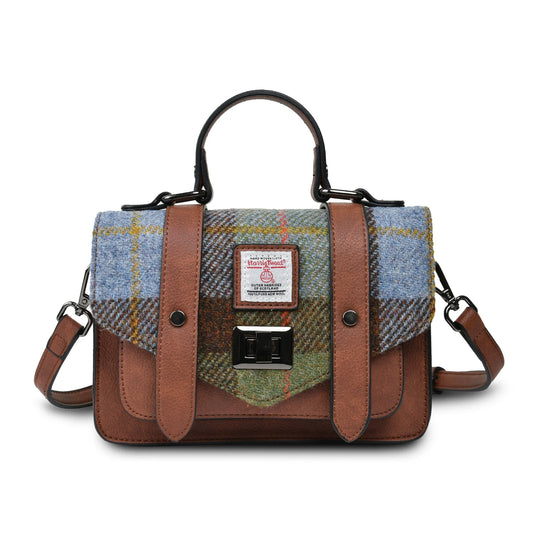 ISLANDER MINI SATCHEL, CHESTNUT BLUE HARRIS TWEED TARTAN, WITH DETACHABLE SHOULDER STRAP, 20.5 x 14 x 9cm.