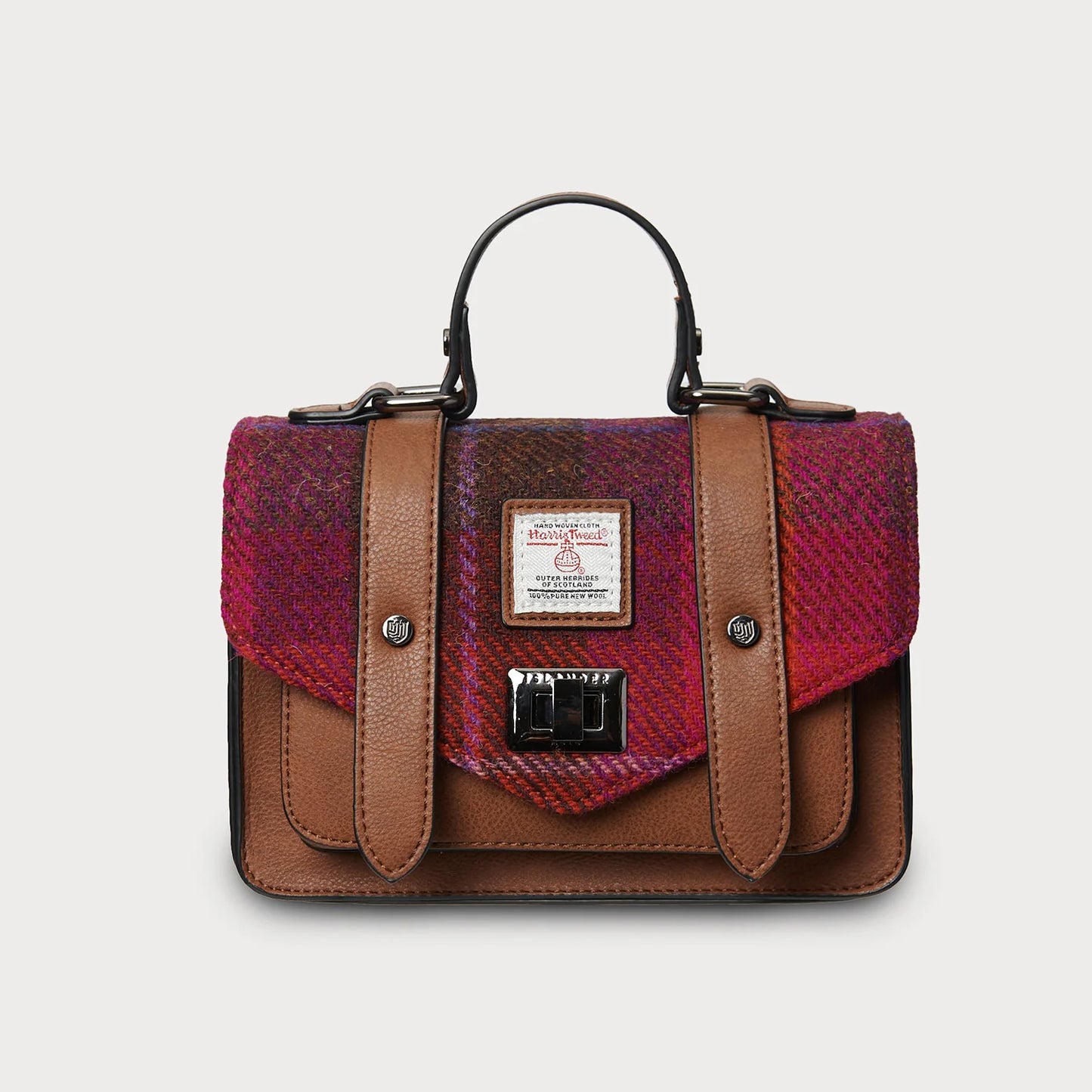 ISLANDER MINI SATCHEL, FUCHIA HARRIS TWEED TARTAN, WITH DETACHABLE SHOULDER STRAP, 20.5 x 14 x 9cm.