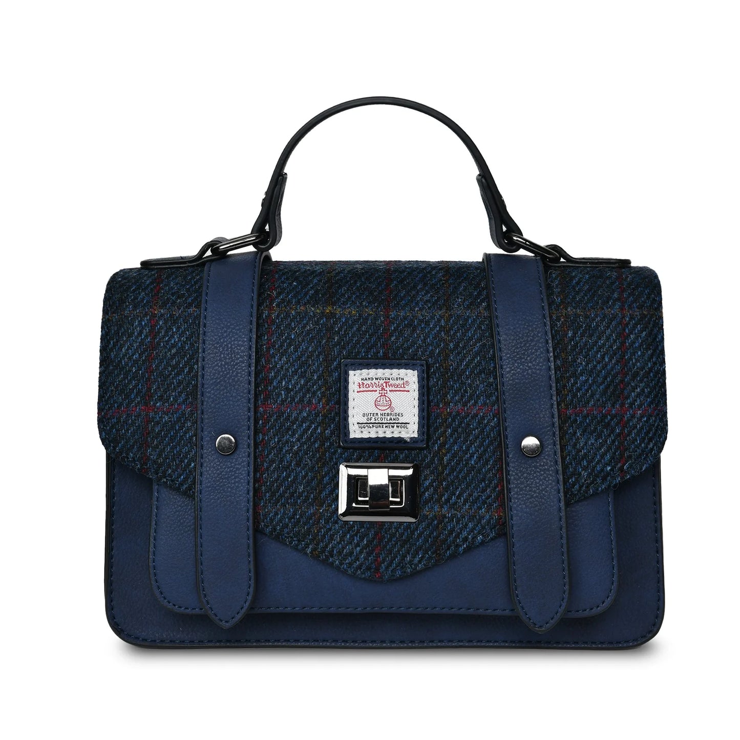 ISLANDER LARGE SATCHEL, NAVY OVERCHECK HARRIS TWEED TARTAN, WITH DETACHABLE SHOULDER STRAP, 28 x 19 x 9cm.