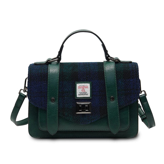 ISLANDER MEDIUM SATCHEL, BLACK WATCH TARTAN HARRIS TWEED TARTAN, WITH DETACHABLE SHOULDER STRAP, 28 x 19 x 9cm.