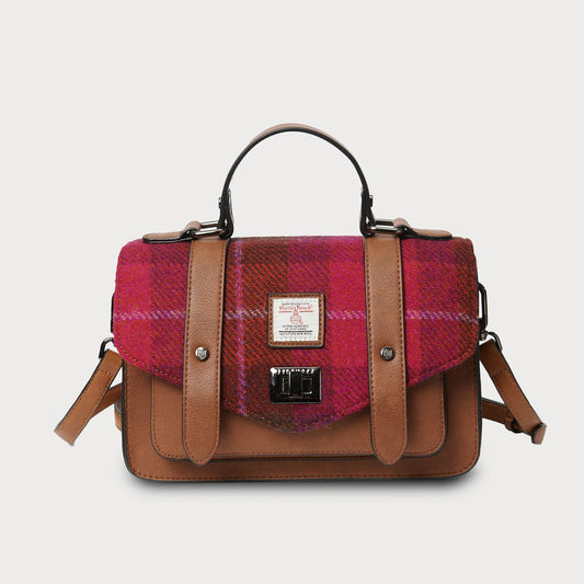 ISLANDER MEDIUM SATCHEL, FUCHSIA TARTAN HARRIS TWEED TARTAN, WITH DETACHABLE SHOULDER STRAP, 28 x 19 x 9cm.