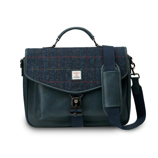 ISLANDER UK, LAPTOP BAG IN NAVY OVERCHECK HARRIS TWEED TARTAN, WITH DETACHABLE SHOULDER AND BACKPACK STRAP, 17 x 39 x 27cm.