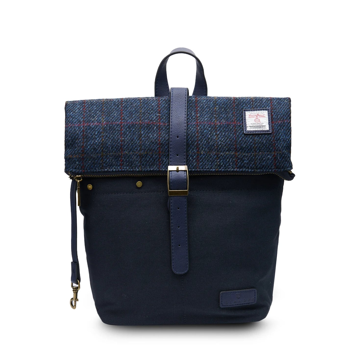 ISLANDER UK, CANVAS BACKPACK IN NAVY OVERCHECK HARRIS TWEED TARTAN, WITH DETACHABLE SHOULDER AND BACKPACK STRAP, 13 x 33 x 33cm.