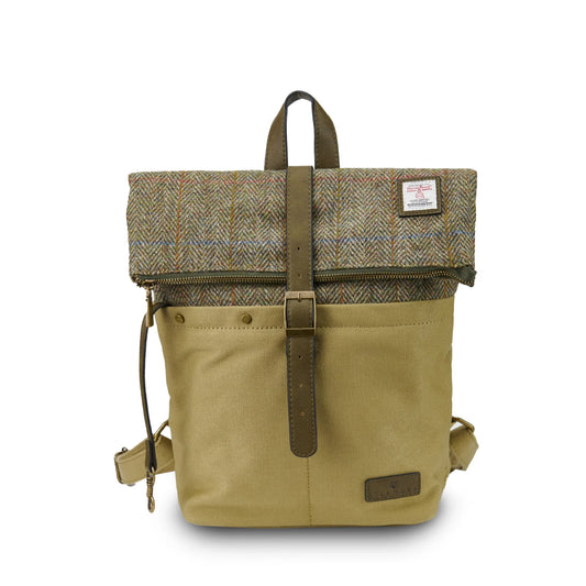 ISLANDER UK, CANVAS BACKPACK IN CHESTNUT HERRINGBONE HARRIS TWEED TARTAN, WITH DETACHABLE SHOULDER AND BACKPACK STRAP, 13 x 33 x 33cm.