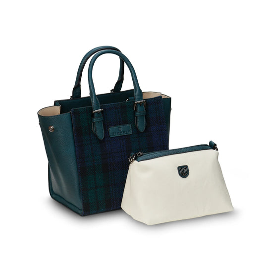 ISLANDER UK, MEDIUM CAILLIE TOTE, BLACK WATCH HARRIS TWEED TARTAN L:35cm W:18cm H:22cm (wings open).