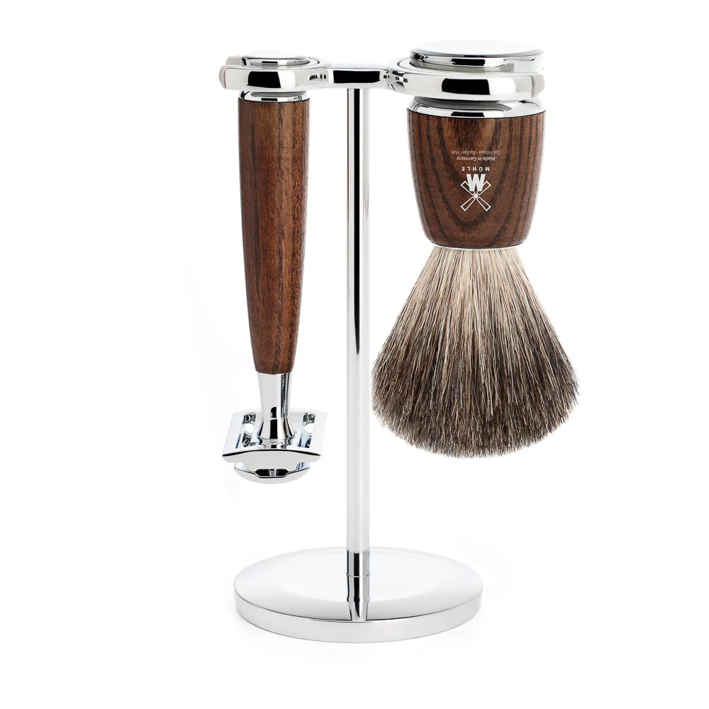 MUHLE S81H220SSR Steamed Ash 4-Piece Pure Badger/ Safety Razor Shaving Set, MADE IN GERMANY.